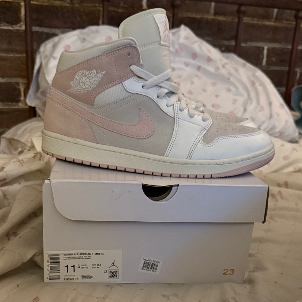 Air Jordan 1 Women's Mid SE Sneakers - Soft Pink, Tan and White